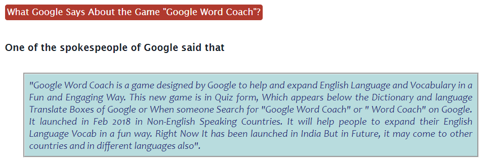 Google says about Google word Coach